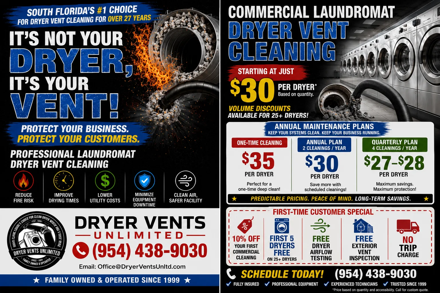Two-sided laundromat flyer with plans from $27 to $35 per dryer and a first-time customer special.