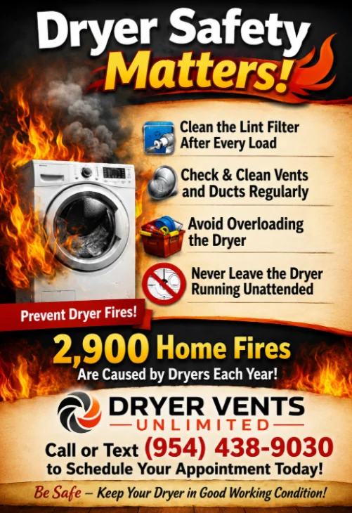 Dryer safety flyer: clean the lint filter, check vents, avoid overloading, and never leave the dryer running unattended.