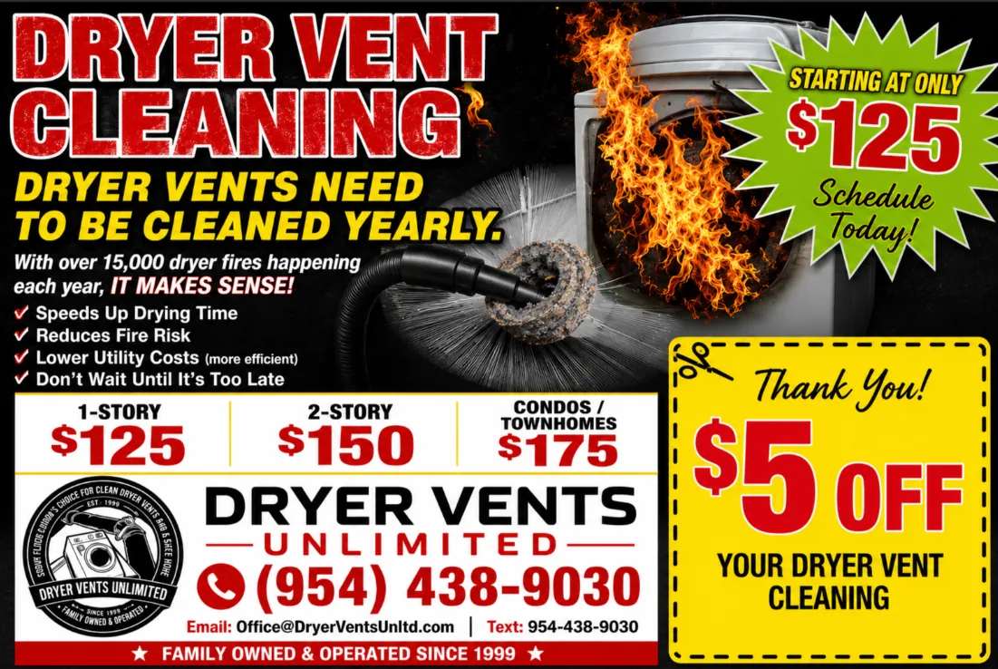 Residential postcard with dryer vent cleaning from $125 and a $5 off thank-you coupon.